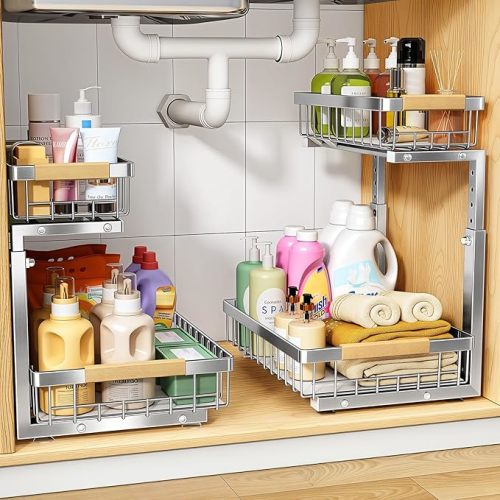 Under Sink Organizer, Adjustable Height, 2 Tier Pull Out Under Cabinet Organizer, Slide Out Thickened Metal Under Sink Storage for Kitchen Bathroom Laundry Pantry Cabinet, White, Large-2-Pack