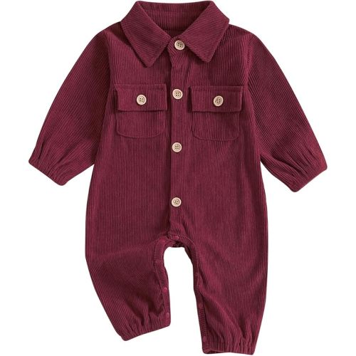 Karuedoo Newborn Baby Boy Girl Clothes Corduroy Long Sleeve Button Up Romper Jumpsuit Collared Bodysuit Fall Winter Outfit (Wine Red, 3-6 Months)