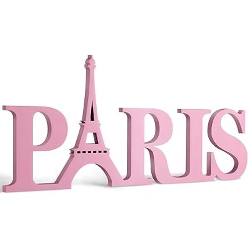 Paris Decor for Bedroom Wooden Eiffel Tower Wall Decor Eiffel Tower Letters Wood Sign Bathroom French Room Wall Art(Pink)