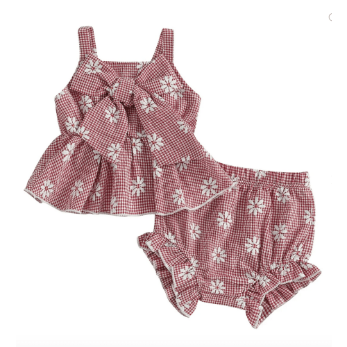 SIZE: 3-6m, COLOR: Red | Floral Bowknot Set