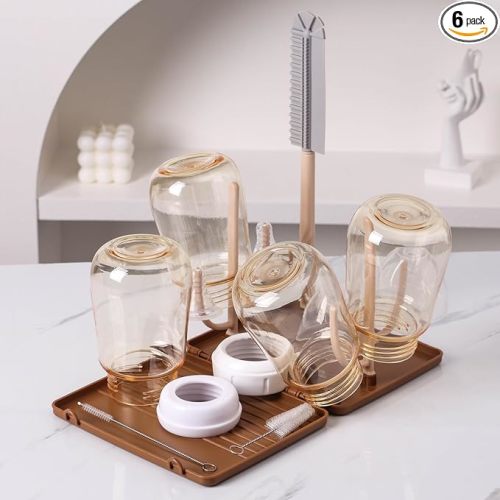 Baby Bottle Drying Rack,Travel Baby Bottle Drying Rack Set, Cleaner Kit with Silicone Bottle Brush,Straw Brush, Suitable for Home use or Traveling with Babies (Coffee Color)