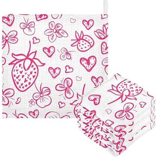 YETTASBIN Strawberry Muslin Baby Hand Washcloths, Soft Cotton Bath Face Towel, 4 Layers Extra Absorbent Feeding Burp Cloth for Newborn Infant, 5 Pack