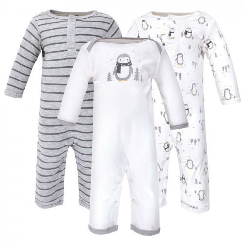 Hudson Baby Infant Cotton Coveralls 3pk, Gray Penguin, 3-6 Months