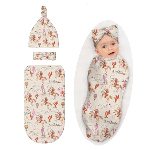 Western Baby Stuff Swaddle Blanket with Headband and Beanie Set, Western Style Blanket Infant Shower Gift for Boys Girls