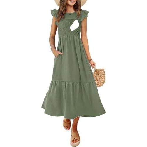 Women's Nursing Dress Flutter Short Sleeve Crew Neck Smocked Elastic Waist Tiered Midi with Pockets