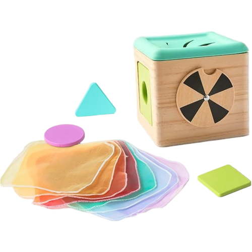 Montessori Baby Toy, Wooden Pulling Tissue Box with Silk Scarves & Blocks - Sensory Learning Toys for Infants & Toddlers(XX)