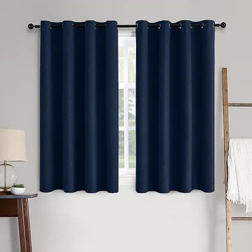 MIULEE Linen Textured Curtains for Bedroom Solid 100% Blackout Thermal Insulated Midnight Blue Grommet Room Darkening Curtains & Drapes Luxury Decor for Living Room Nursery 52 x 45 Inch (2 Panels)