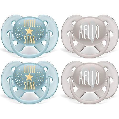 Philips AVENT Ultra Soft Pacifier, 6-18 Months, Little Star and Hello Designs, 4 Pack, Blue/Grey SCF223/41