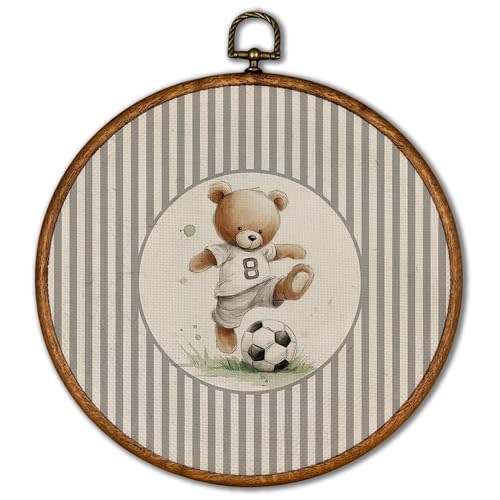 KSDUT Vintage Bear Soccer Sports Round Wall Art Decor 10"x10" | Retro Sports Beige Stripes Wall Art Canvas Frame Hanging Prints, Nursery Gallery Round Artwork Decor for Home Decorations