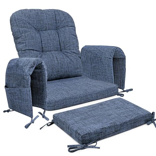 SINOSSO Glider Rocker Cushion Set (5 Pcs), Soft Blended Fabric High-Density Support Foam Seat Cushions with Ties, Fits Rocking Chair/Nursery Glider & Ottoman, Blue