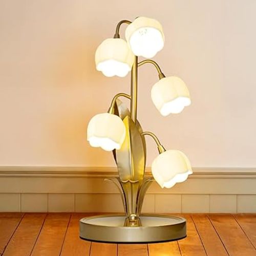 Flower Table Lamp, Lily of The Valley Lamp for Bedside Accent 3 Color Modes Cottagecore Soft Reading Night Light for Bedroom, Corner, Dorm, Entrance Home Vintage Decor (Gold)
