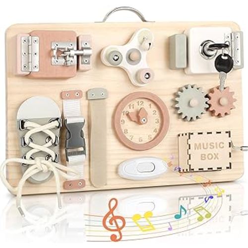 Joyreal Montessori Busy Board for Toddlers - Wooden Sensory Board Activity Board for Fine Motor Skills, Travel Baby Busy Board Sensory Toys for Kids