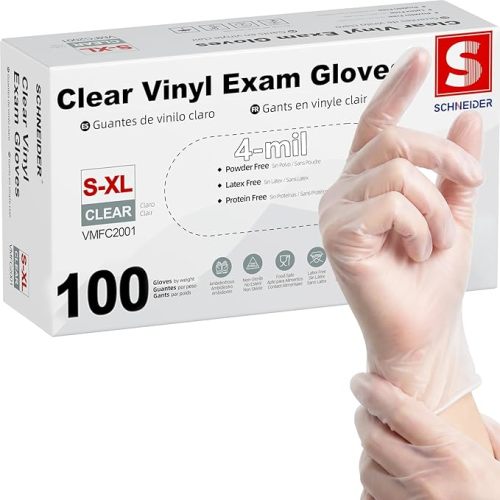 Schneider Medical Vinyl Exam Disposable Gloves Latex Free | Powder free, clear，Food Safe, Cleaning, Exam，Cooking，Food Prep， Comfortable Fit, Ambidextrous, Unisex