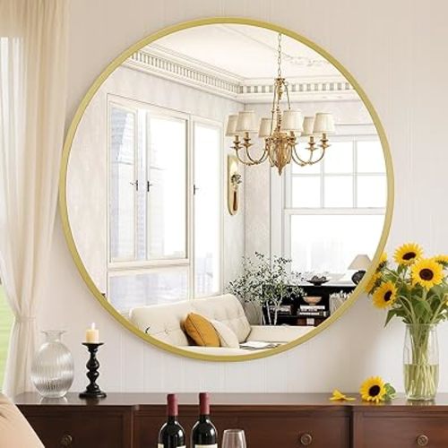 Sweetcrispy 36in Gold Round Bathroom Mirrors for Wall, Bathroom Mirrors for Over Sink, Wall Decor for Bathroom, Entryway, Bedroom, Vanity