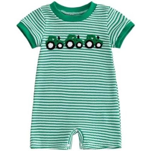 Newborn Baby Boy Summer Outfit Fire Truck Romper Short Sleeve Waffle Striped Jumpsuit One Piece Firefighter Clothes
