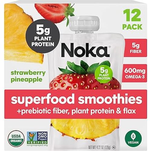 Noka Superfood Fruit Smoothie Pouches, Strawberry Pineapple, Healthy Snacks with Flax Seed, Prebiotic Fiber and Plant Protein, Vegan and Gluten Free, Organic Squeeze Pouch, 4.22 oz, 12 Count