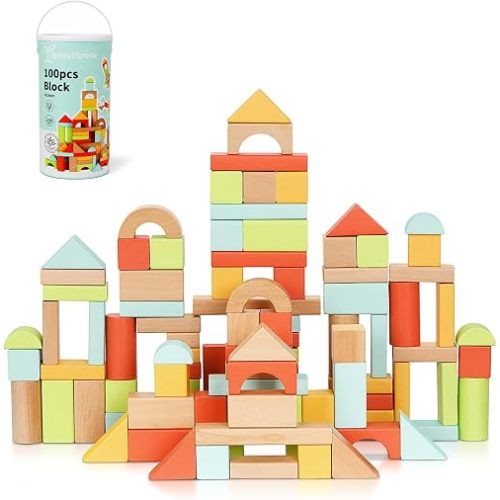 100pcs Building Blocks for Toddlers 1-3, Wooden Blocks for Kids with Storage Bucket and Shape Sorter, Stacking Toys or 1 2 3 Year Old, Learning Toys for Preschool Girls and Boys