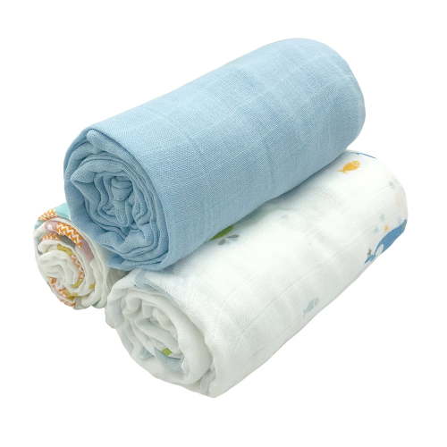 Simple Baby Essentials | Soft Bamboo Muslin Cotton Swaddles - Receiving Blankets | Baby Shower Gift | 3 Pack Large 47'x47' Absorbent Breathable | Boy Light Blue Whale Elephant, Crib