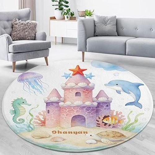 Custom Rug Name Gift Watercolor Underwater Sea Castle Seahorse Carpet Round Bedroom Area Rug Floor Mat for Boys Girls Babies with Names Nursery Bedroom Living Room Decor