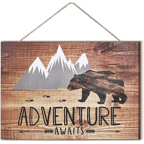 Jetec Adventure Awaits Sign Wooden Vintage Bear Mountain Wall Hanging Decoration 10 x 7 Inch Rustic Cabin Wall Art Adventure Woodland Plank Grey and White Farmhouse Inspirational Motto for Room Shelf