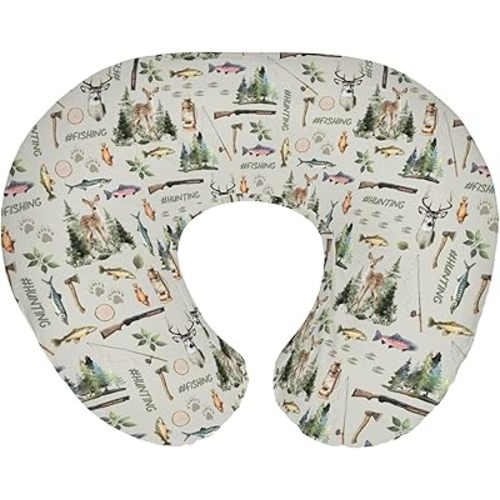 Fishing Hunting Baby Nursing Pillow Covers for Boy Girl Bass Fish Deer Paws Green Trees Nursery Pillowcase for Breastfeeding Pillows Nature Hunting Animals Soft Stretchy Slipcover for Newborn Infant