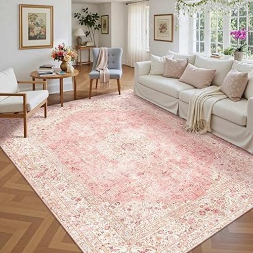 Latte&Fog Large Area Rugs 6x9, Vintage Washable Pink Rugs for Living Room, Dining Room, Girls Bedroom, Kitchen, Soft Cute Rug For Kids Nursery, Classroom, Playroom,Non Slip Low Pile Carpets For Office