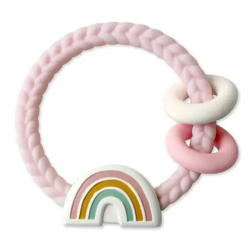 Itzy Ritzy Silicone Teether with Rattle; Rattle Teether Features Rattling Sound, Two Silicone Teething Rings and Raised Texture to Soothe Gums; Ages 3 Months and Up (Pink Rainbow)