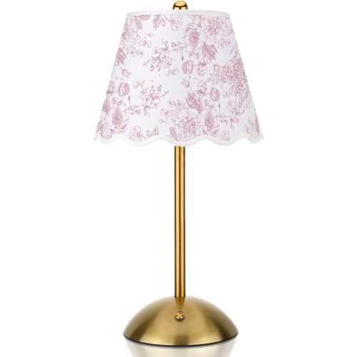 Pink Floral Wedding Cordless Table Lamps Rechargeable, LED Desk Lamp, 3 Colors Smooth Dimming, Portable Table Decor with Bows for Dining, Bridal Shower, Outdoor