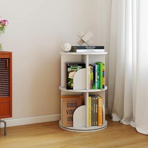 Rotating 2-Tier Bookshelf Tower, 360° Spinning Corner Bookcase with Lazy Susan, White Revolving Storage Carousel, Space Saving Organizer for Study Room, Home Office, Bedroom