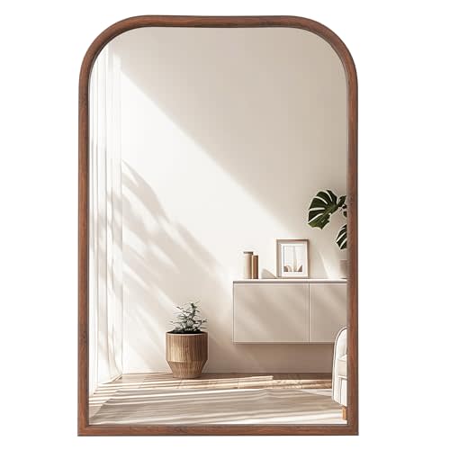 24"x36" Arch Wall Mirror Bathroom Mirror for Wall Mounted, Tempered Glass, Wood Grain Finish Frame Wall Mirror Decorative for Living Room Bedroom Entryway, Walnut