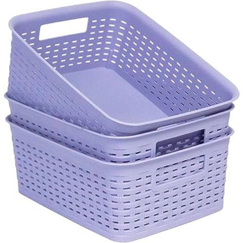 Plastic Storage Baskets for Cabinets, Household Pantry Organization with Handle,Organizer Bins for Room,Bathrooms,Under-Sink,Kitchen (Purple, S-3PACK)