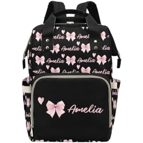 Personalized Diaper Backpack for Mom, Custom Name Baby Bag Backpack, Waterproof Nursing Diaper Bag with Insulated Bottle Pockets, Pink Bow Design