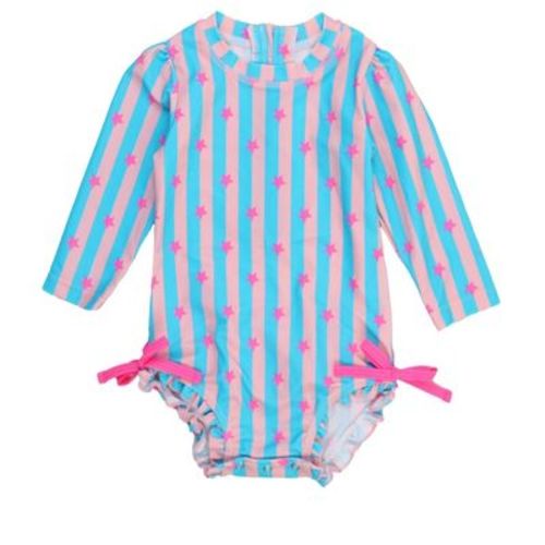 Rufflebutts Baby Girls Upf50+ Long Sleeve One Piece Rash Guard - Neon Star Party, 18-24m