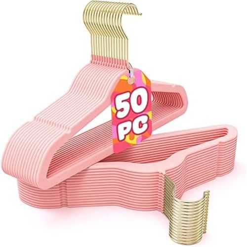 Korpai 50 Pack Kids Velvet Hangers 14 Inch, Non-Slip, Ultra Slim,Space-Saving Kids Hangers with 360° Swivel Hook, 7LBS Capacity, Kids Clothes Hangers Ideal for Childrens' Dresses/Shirts/Coats,Pink