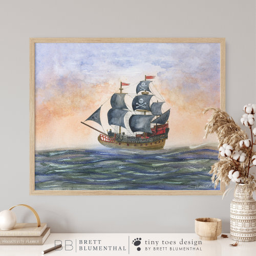 Pirate Ship Print - Sail Boat Wall Art - Pirate Nursery Art - Baby Boy Room Decor - Kids Room Art - Pirate Adventure Illustration