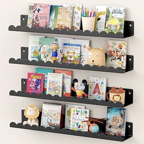 Gattlukd Nursery Book Shelves, 17 Inch Metal Floating Shelves for Wall 4 Pack, Scalloped Shelves, Wall Mounted Book Shelf for Kids Bedroom, Baby Room, Nursery Decor (Black)