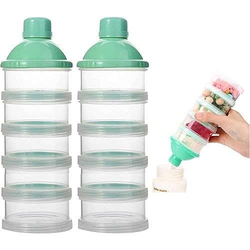 2 PCS 5 Layers Baby Milk Powder Dispenser, Milk Powder Pots,Formula Dispenser Portable Milk Powder Formula Dispenser Container Pot Box Milk Cans Snack Storage Box for Travel (Green+Green)