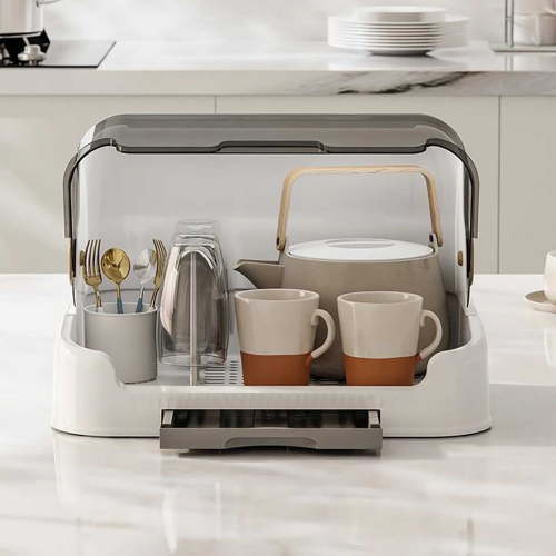 Bottle Drying Rack with Lid, Bottle Storage Box with Removable Drain Tray, Dustproof Portable Bottle Rack for Kitchen Cabinet, Things for Large Capacity, 40*29*27CM