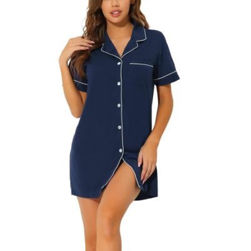 cheibear Women's Notched Collar Thigh Length Button Down Pajama Shirt Dress with Pocket Medium Blue