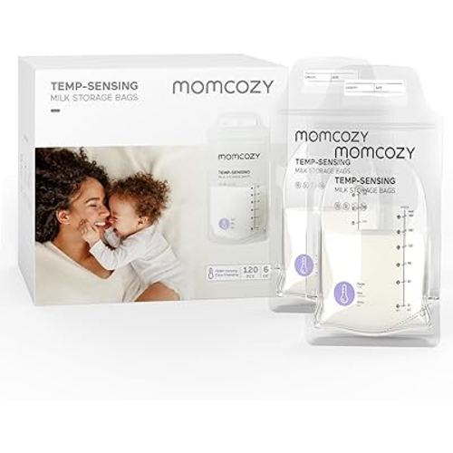Momcozy Breastmilk Storage Bags, Temp-Sensing Discoloration Milk Storing Bags for Breastfeeding, Disposable Milk Storage Bag with 6 Ounce Self Standing, No-Leak Milk Freezer Storage Pouches, 120PCS