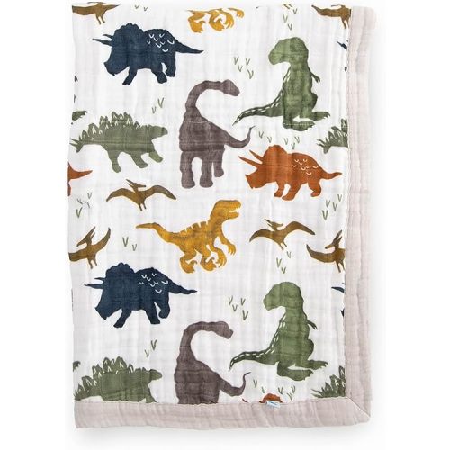 Little Unicorn Newborn Receiving Quilt | Ultra- Soft, Multi-Layered Muslin Fabric | Gift for Newborns & on-The-go (Dino Friends)
