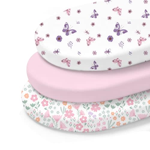 Little Grape Land Bassinet Sheets 3 Pack, 33" x 18" Fitted Bassinet Sheets Up to 4" Deep Pocket, Ultra Soft Baby Bassinet Fitted Sheets for Bassinet Mattress, Butterfly Bloom