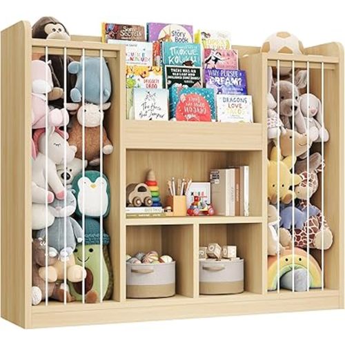 ONBRILL Two Wooden Stuffed Animal Storage, Toddler Toy Storage Organizer with 4-Tier Kids Bookshelf and 3 Open Cube Shlef, Multifunctional Bookcase for Kids Rooms Playroom Nursery