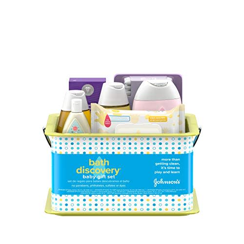 Johnson's Bath Discovery Gift Set for Parents-to-Be, Caddy with Baby Bath Time & Skin Care Essentials, Includes Baby Wash, Shampoo, Wipes, Lotion & Diaper Rash Cream, 7 Items