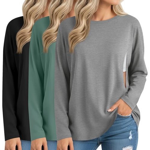 3 Pack Women's Nursing Breastfeeding Tops Long Sleeve Maternity Shirts Oversize Hidden Zipper Pregnancy Clothes