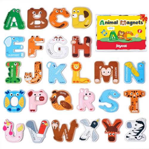 JoyCat Wooden Thick Alphabet Magnets for Toddlers Fridge Large Size Cute Animal Colorful ABC Magnetic Letters 26 Uppercase Letters Educational Toy Set for Kids Toddlers Preschool Learning Spelling
