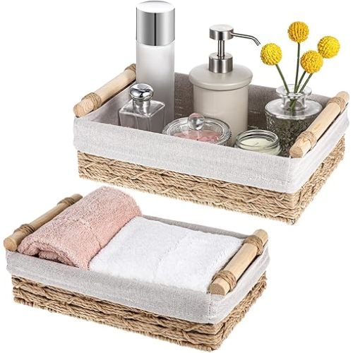 Bathroom Baskets for Organizing Wicker Baskets for Organizing with Handle Boho Decor Toilet Paper Basket Woven Decorative Basket for Countertop Toilet Tank Top,Set of 2