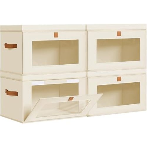 DIMJ Storage Bins with Lids - 4 Pack Large Fabric Closet Organizer with Window & Handles, Collapsible Decorative Storage Boxes for Shelves Under Bed, Books Clothes Blankets Sweaters Organization