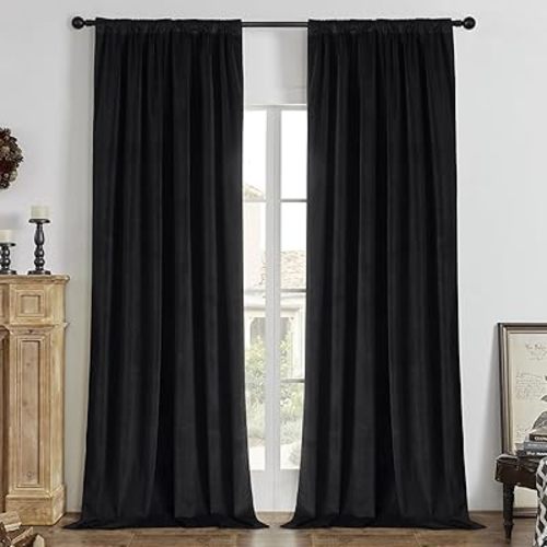 Joydeco Black 100% Blackout Curtains 108 Inch 2 Panels, Luxury Thermal Insulated Black Velvet Curtains for Bedroom Living Room, Soundproof Blackout Window Drapes, Rod Pocket & Back Tab (52W x 108L)