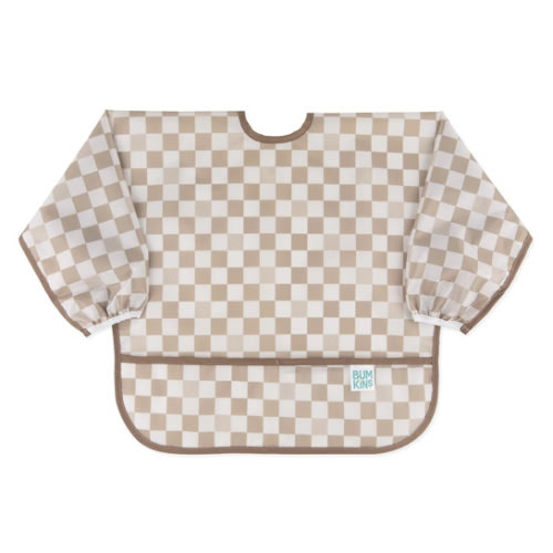 Bumkins Sleeved Bib for Girl or Boy, Baby and Toddler for 6-24 Mos, Essential Must Have for Eating, Feeding, Baby Led Weaning Supplies, Long Sleeve Mess Saving Food Catcher, Soft Fabric, Beige Check